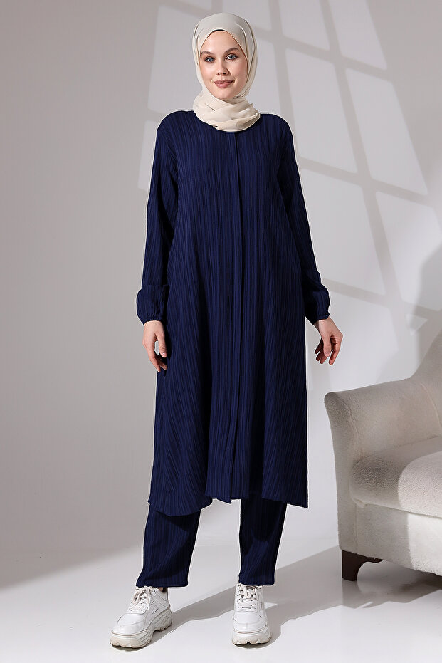 Women's Wrapped Fabric Hidden Zipper Double Suit Hajj Umrah Outfit Navy Blue