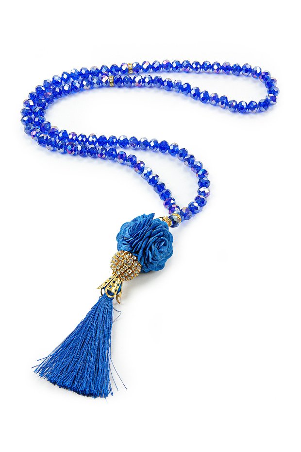 Rose Tassel Detailed Crystal Looking 99 Pieces Hajj Umrah Gift Rosary Navy Blue