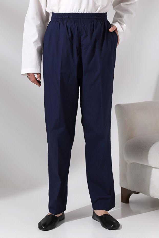 Men's Navy Blue Çınar Relaxed Cut Elastic Waist Hajj and Umrah Linen Shalwar Trousers