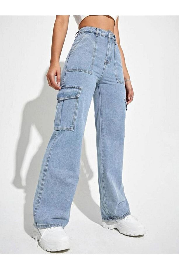 Elliza Kadın Mavi Yüksek Bel Kargo Cep Kot Pantolon Mavi Kar Yıkama Kargo Cep Jeans - 4