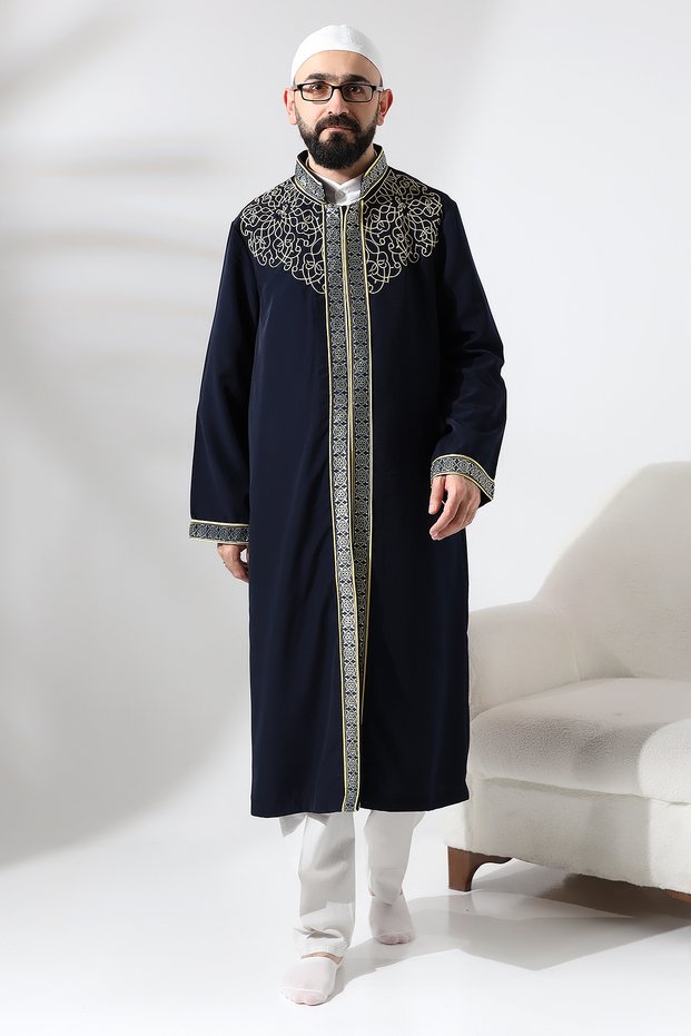 Navy Blue Judge Collar Men's Prayer Dress Stripe Embroidery Embroidered İmam Cube