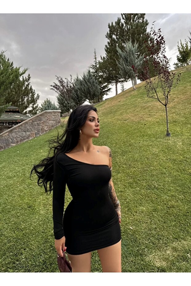 Kadın Tek Omuz Basic Mini Elbise - 1