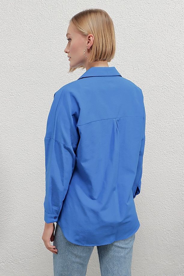 Kadın Mavi Oversize Uzun Basic Gömlek Hzl22w-bd139001 - 8