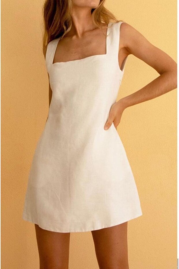 Kırık Beyaz Keten Elbise - 1