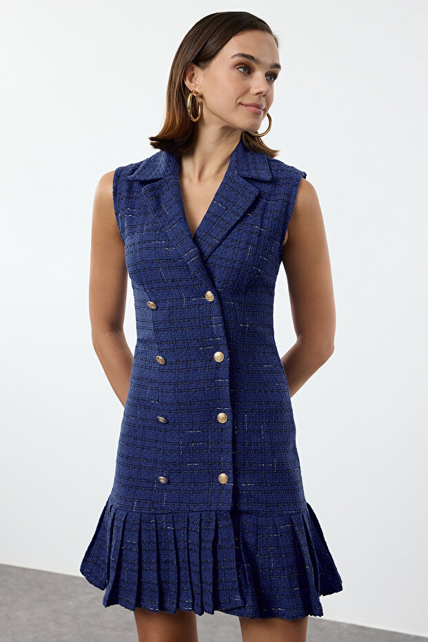 Mini tvídové tkané bundové šaty – modrý pléd, detail kostkovaného záhybu, Twoaw25el00159 - 2