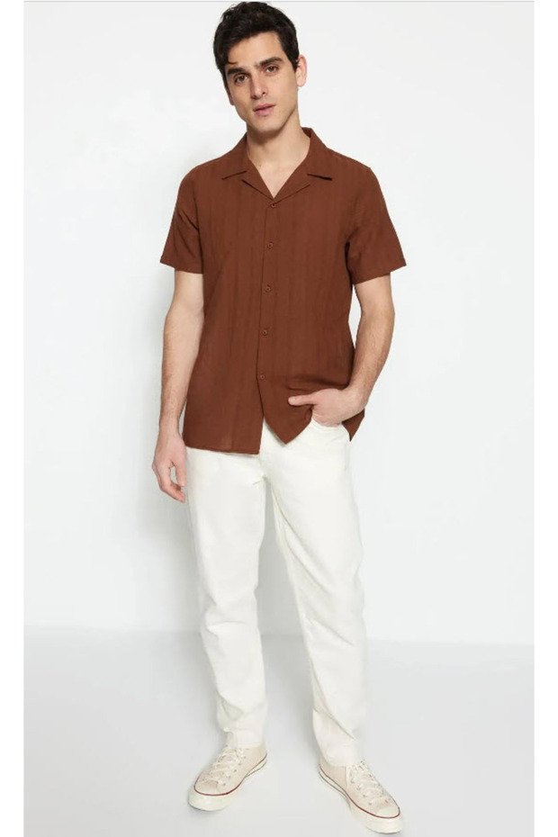 Kahverengi Regular Fit Dokulu Yazlık Keten Görünümlü TMNSS23GO00070 - 2