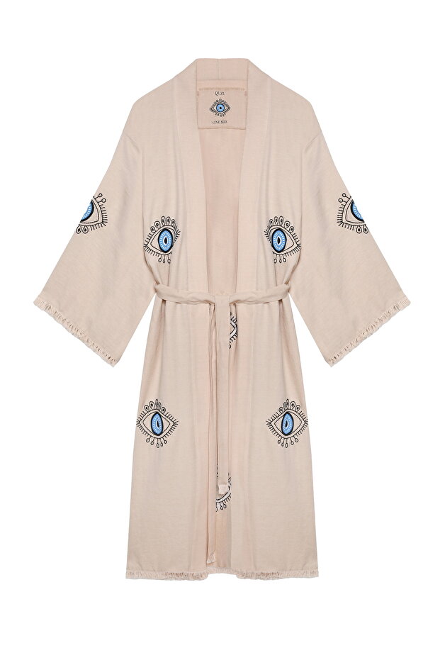 Kimono with Tassel Detail on the Sleeves and Eye Embroidery in Beige