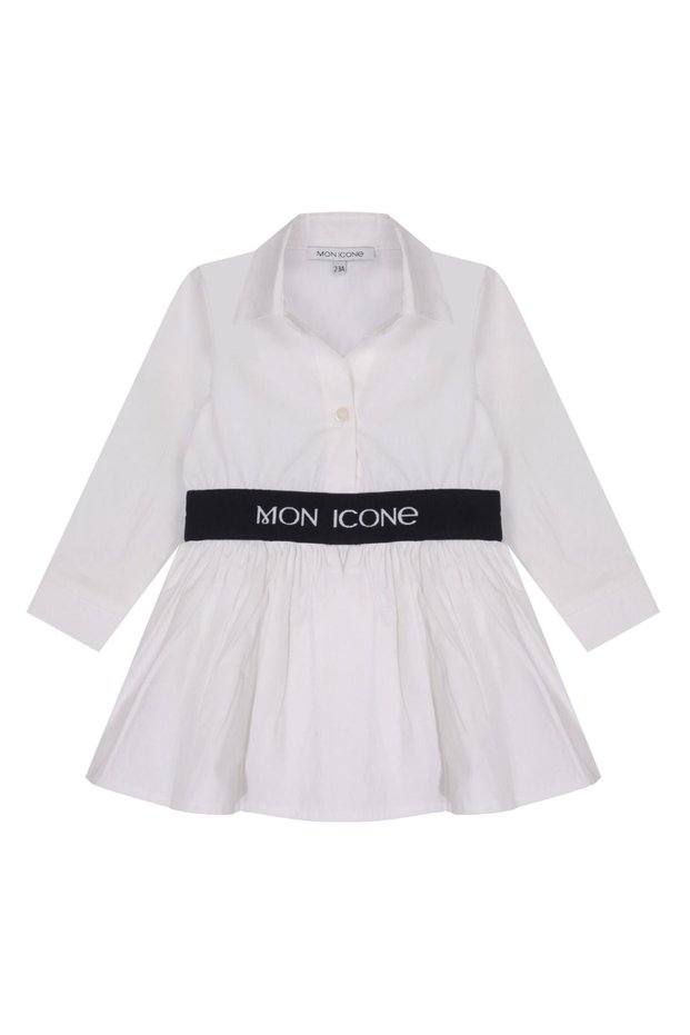 Girl's Organic Cotton White Standard Fit Shirt Collar Elastic Mini Dress
