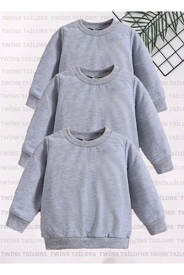 Unprinted 3 Pack Unisex Gray Crew Neck Children's School Sweatshirt with Fleece Inside