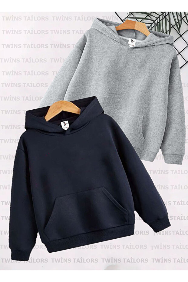 Unprinted 2-Pack Unisex Navy Blue-Grey Hooded Children's School Sweatshirt with Fleece Inside