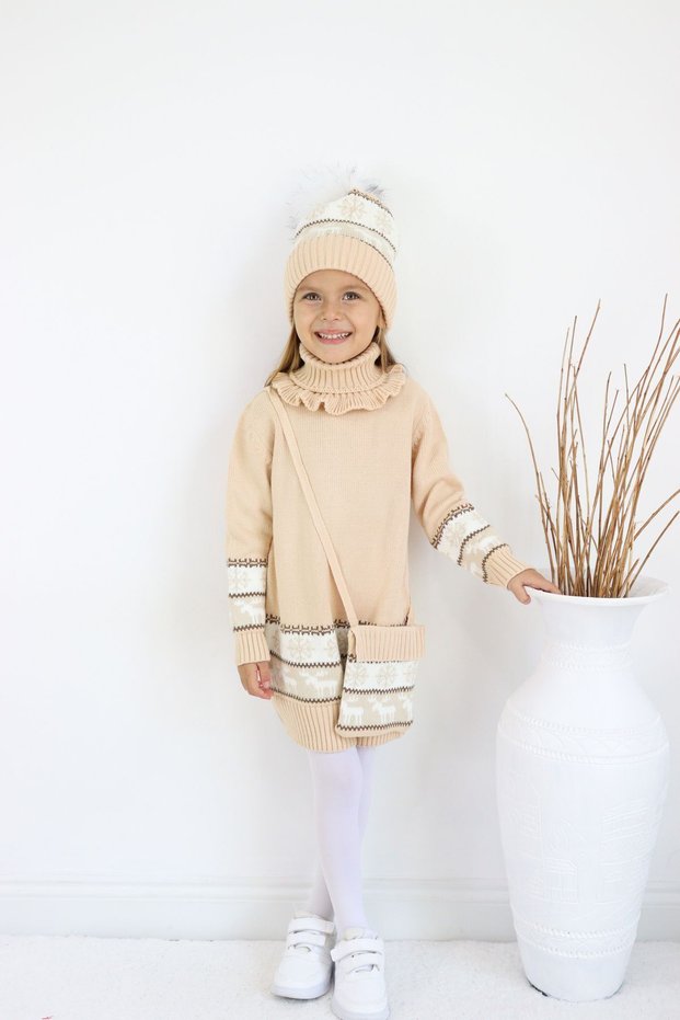 Girl's Sweater, Beanie, Collar and Bag Knitwear Dress Set of 4