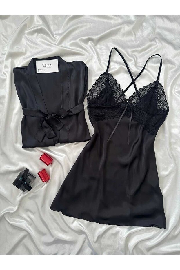 Satin Double Black Nightgown and Robe Set