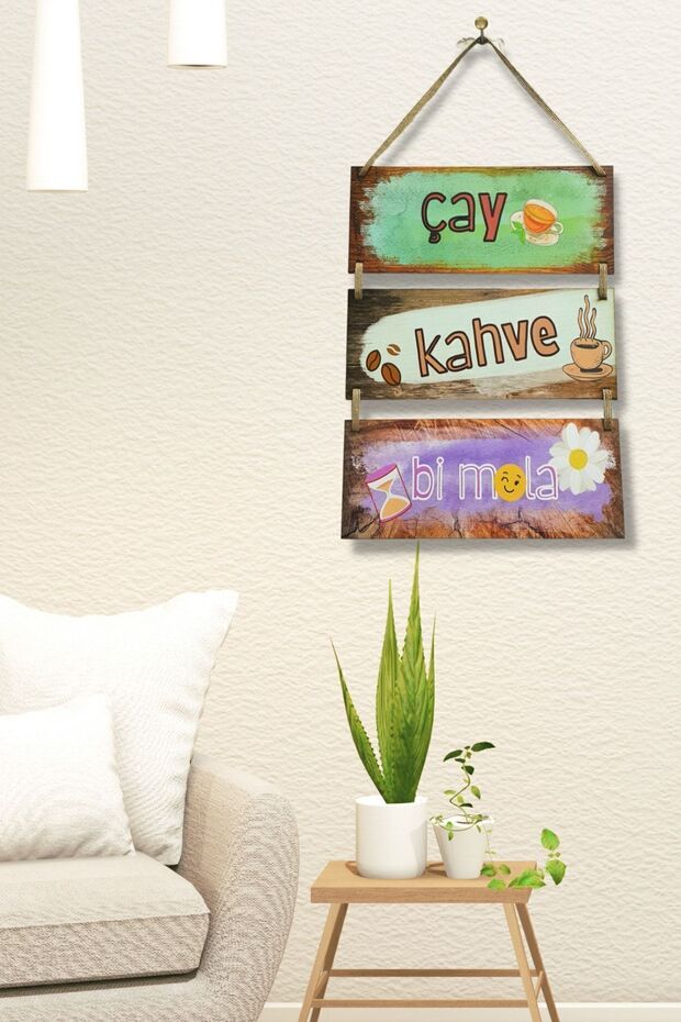 Çay Kahve Mola 3'lü Ipli Mdf Tablo Seti, Ev, Mutfak Cafe, Restoran Ahşap Duvar Süslemesi - 6
