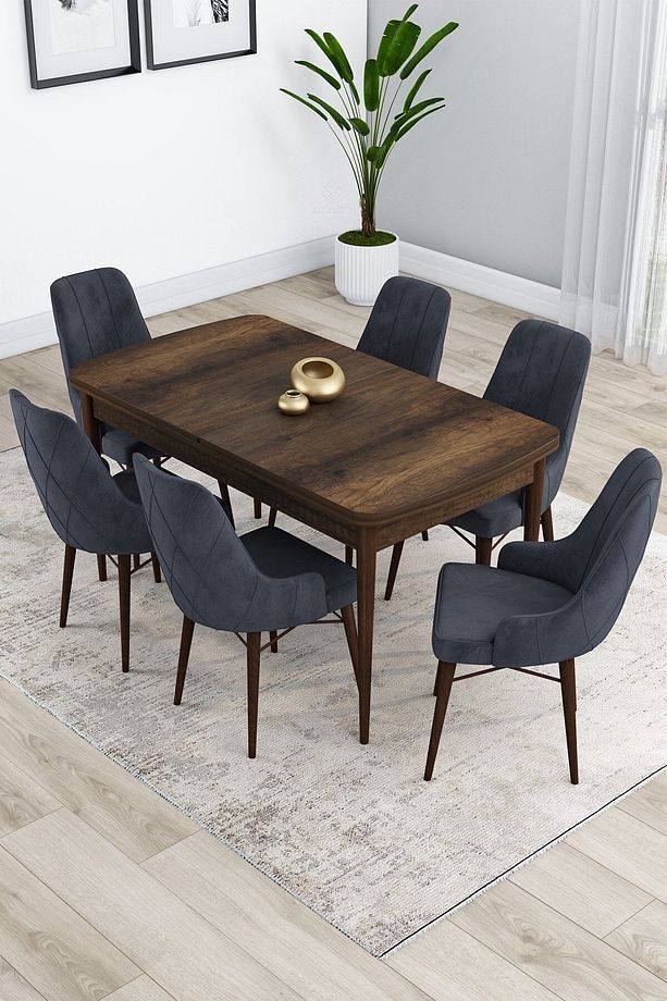 Kar Serisi Barok Ahşap Desen 80x132 Açılabilir Mdf Mutfak Masası Takımı 6 Antrasit Sandalye - 1