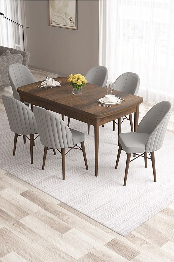 Ves Serisi 80x132 Mdf Açılabilir Barok Ahşap Desen Yemek Odası Takımı 6 Adet Gri Sandalye - 1