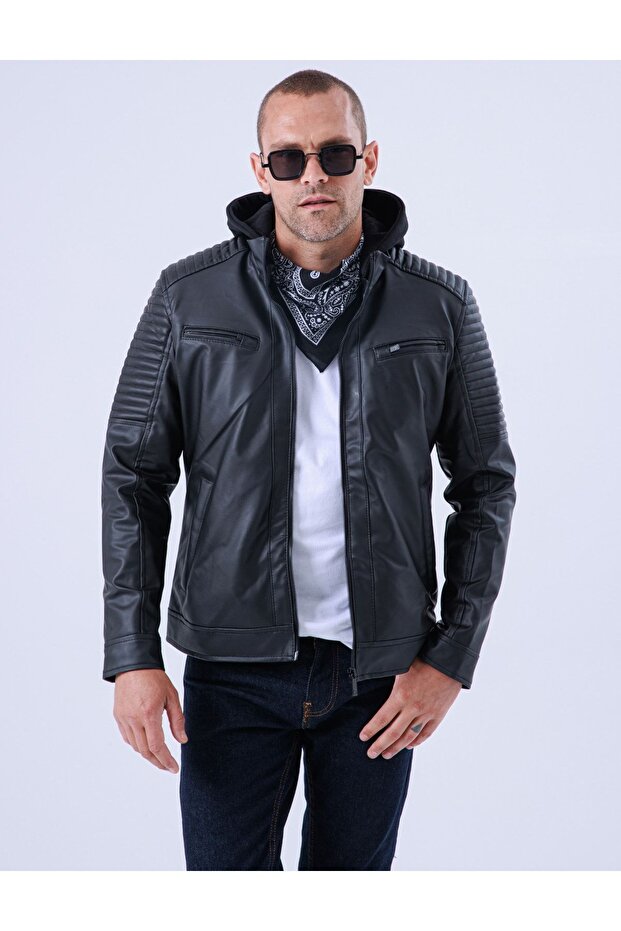 Water And Windproof Black Men's Leather Jacket With Fur Lining Inside