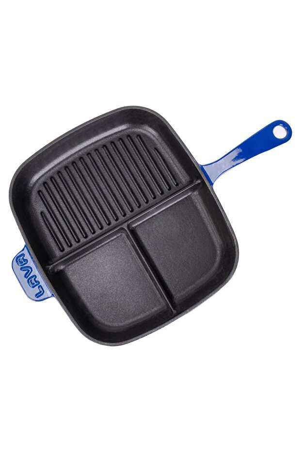 مقلاة شواء مستطيلة الشكل مكونة من 3 أقسام من الحديد الزهر بمقبض صلب الحجم: 26 × 30 سم - 3