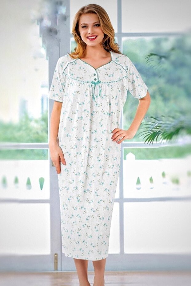 Women's Turquoise Short Sleeve Combed Cotton Nightgown Floral Patterned