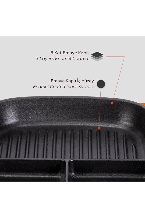 3 Compartment Rectangular Grill - Iron Solid, Handle Size 26X30 cm - 6