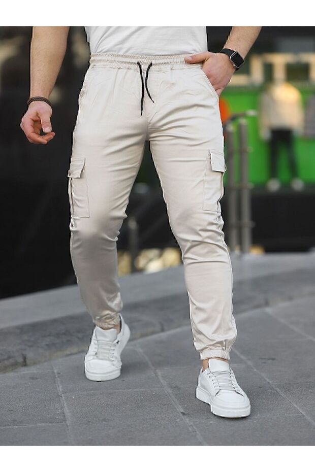 Lycra Stone Color Cargo Pants with elastic waist and legs