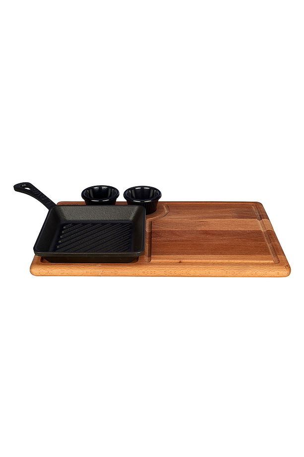 Döküm Mini Kare Izgara Tava Kayın Ahşap Altlıklı Döküm Demir Yekpare Saplı Ölçü 16x16cm. (sos K - 1
