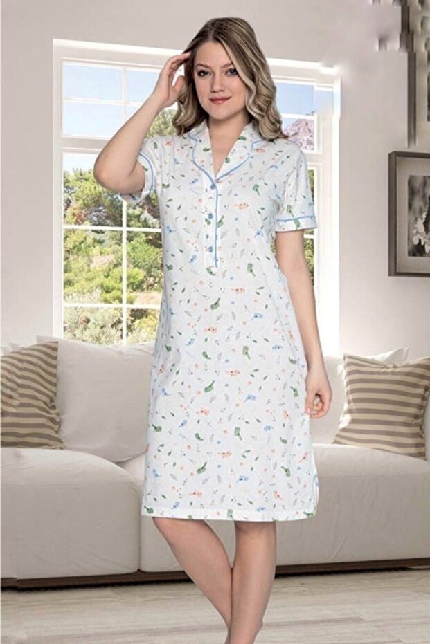 Women's White Half Sleeve Buttoned Shirt Collar Cotton Combed Cotton Nightgown