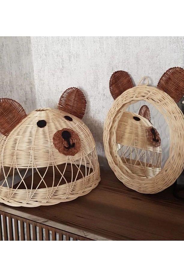 Çocuk Odası Panda Kulaklı Avize Ve Ayna Seti, Rattan Bambu Hasır Ayı Figürlü Avize Ayna - 2