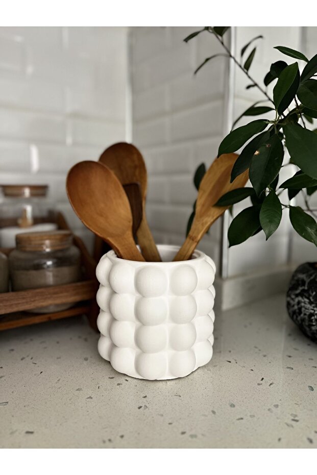 White Concrete Bubble Upright Spoon Holder (16X14 cm)