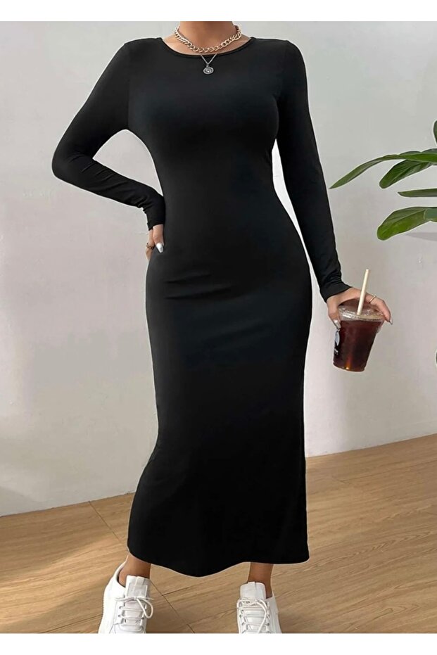 Rochie maxi cu mânecă lungă basic „Hailey”. - 4