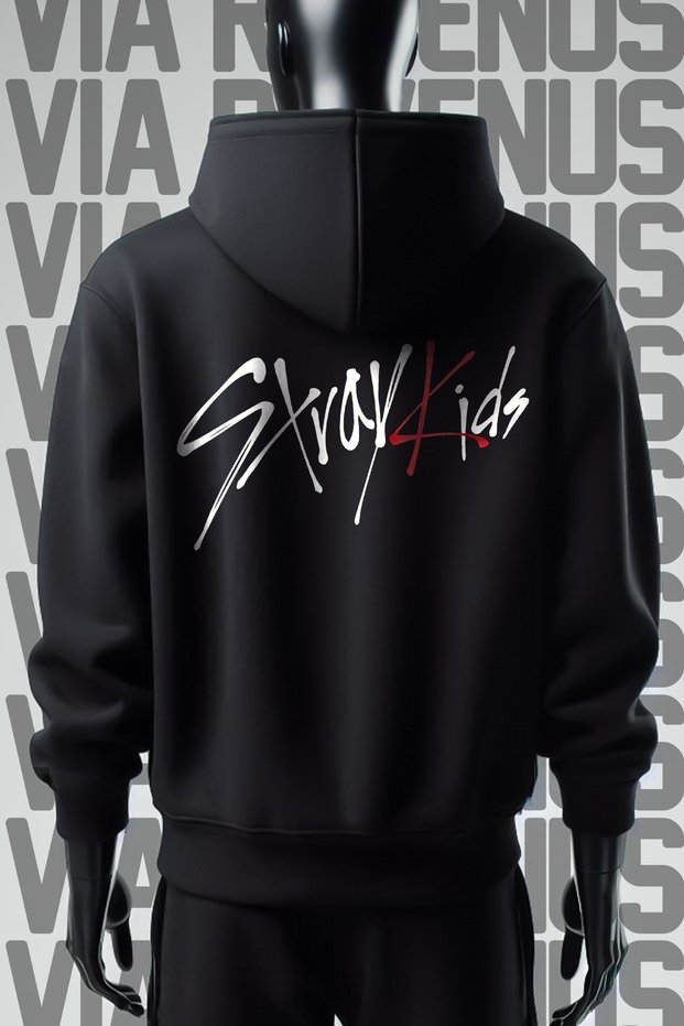 Stray Kids Front and Back Printed 3 Yarn Wide Fit Black Hooded Sweatshirt