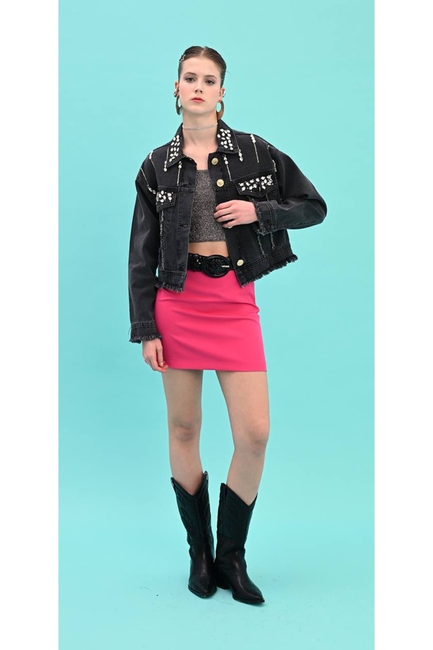Taş İşlemeli Denim Kot Ceket - 3