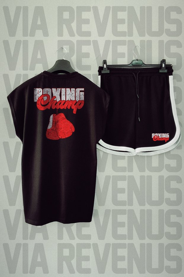 Boxing Champ Back Printed Black Zero Sleeve Sports Tshirt and Black Shorts Sportswear Set