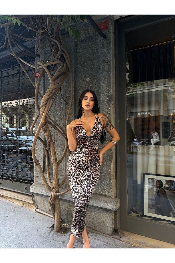 Leopar Desenli Uzun Elbise - 3