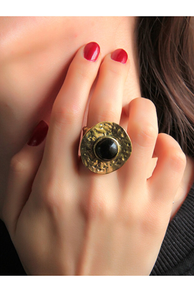 Natural Stone Onyx Round Natural Stone Antique Adjustable Women's Ring