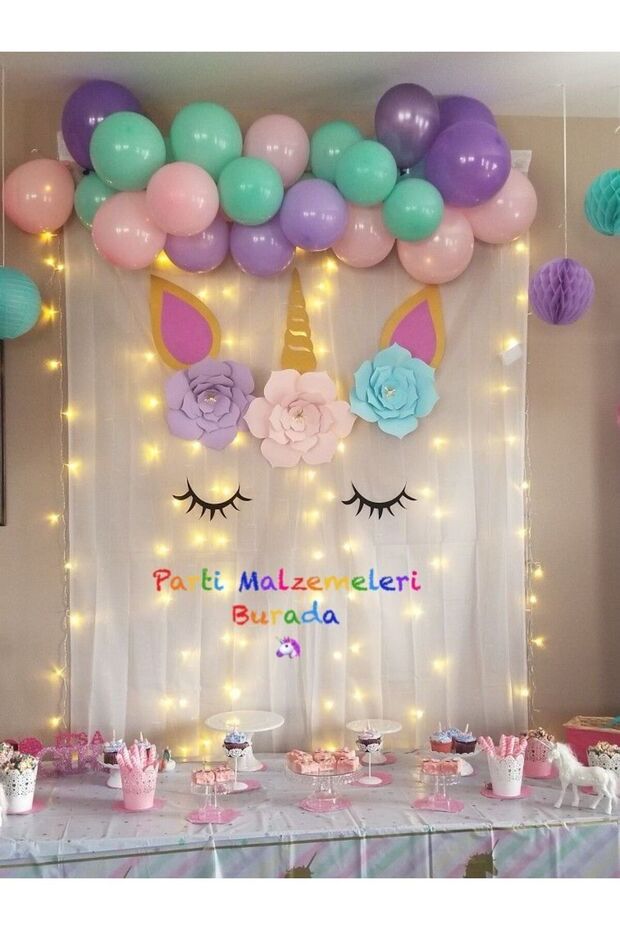 Partimalzemeleriburada Unicorn Makaron Renk Yeşil Pembe Mor Kız Çocuk Doğum Günü Parti Balon Seti 30 lu