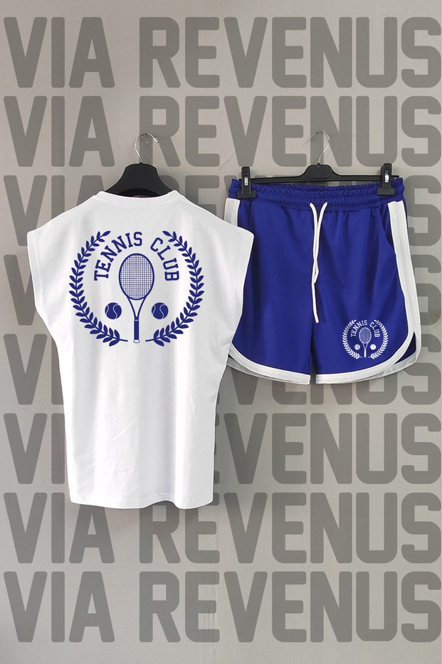 Tennis Club Back Printed White Zero Sleeve Sport Tshirt and Blue Shorts Sport Set