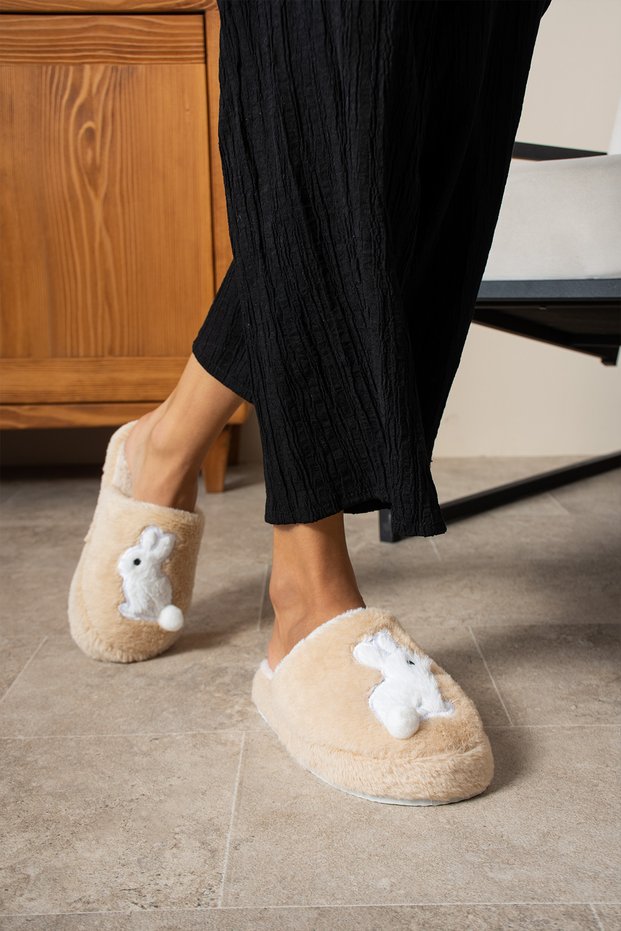 Winter Women's House Slippers | Embroidered with Pom-Pom Rabbit Figure | Non-Slip Sole