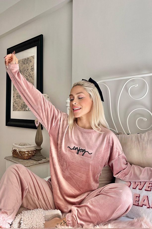 Pudra Enjoy Desenli Exclusive Kadife Kadın Pijama Takımı - 3