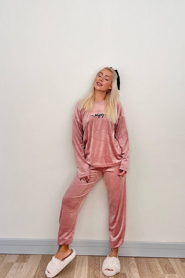 Pudra Enjoy Desenli Exclusive Kadife Kadın Pijama Takımı - 7