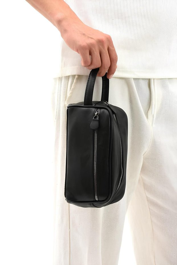 Black Genuine Leather Men's Shaving Hand Portfolio&Clutch Care Bag