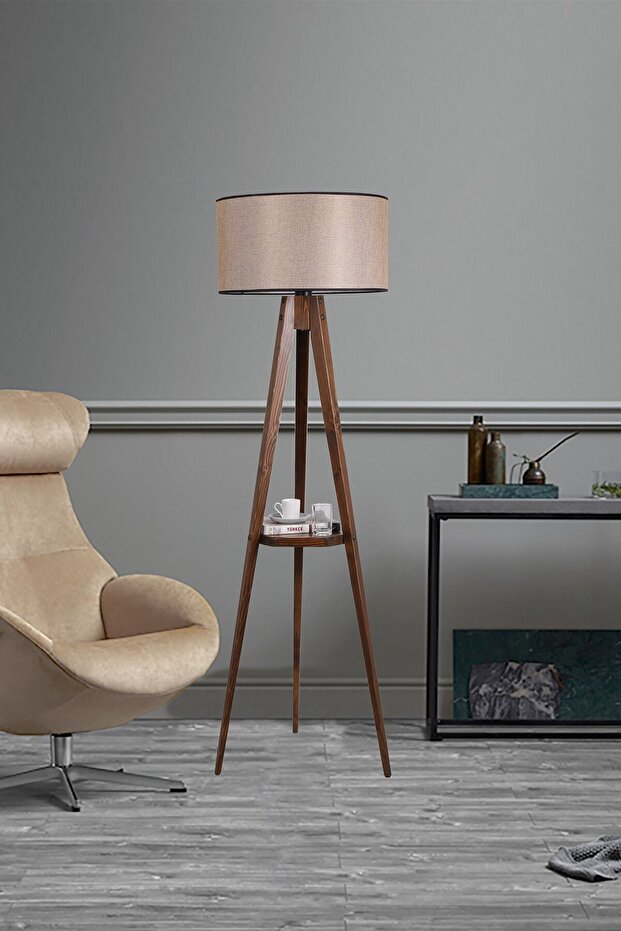 Sehbalı Tripod Ceviz Lambader Silindir Açık Hasır Abajurlu - 1