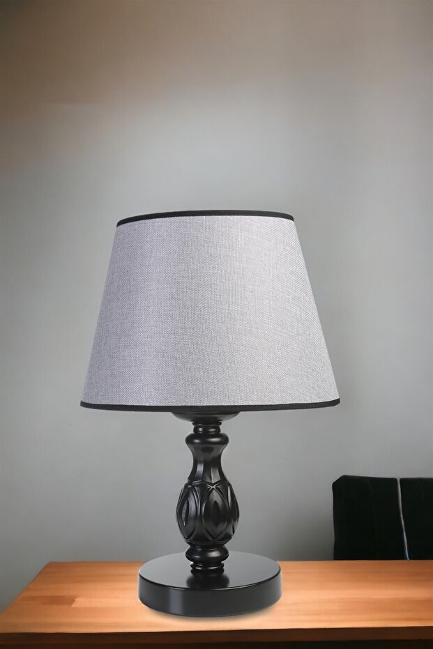 Black Pramit Wicker Table Lamp with Gray Lampshade - Olympic - 1