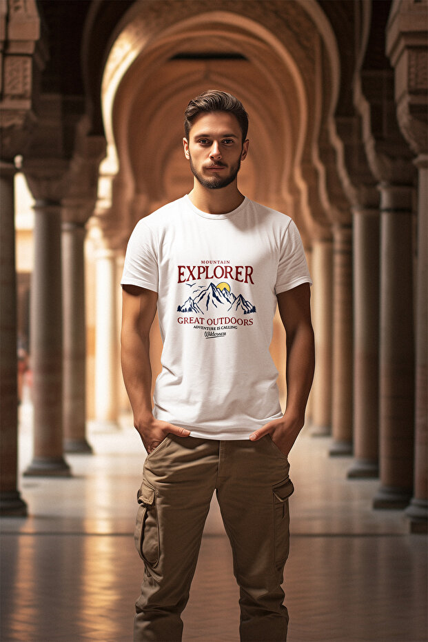 Mountain Explorer Mountaineer Traveler-Explorer Regular Fit 100% Cotton Crew Neck White T-Shirt