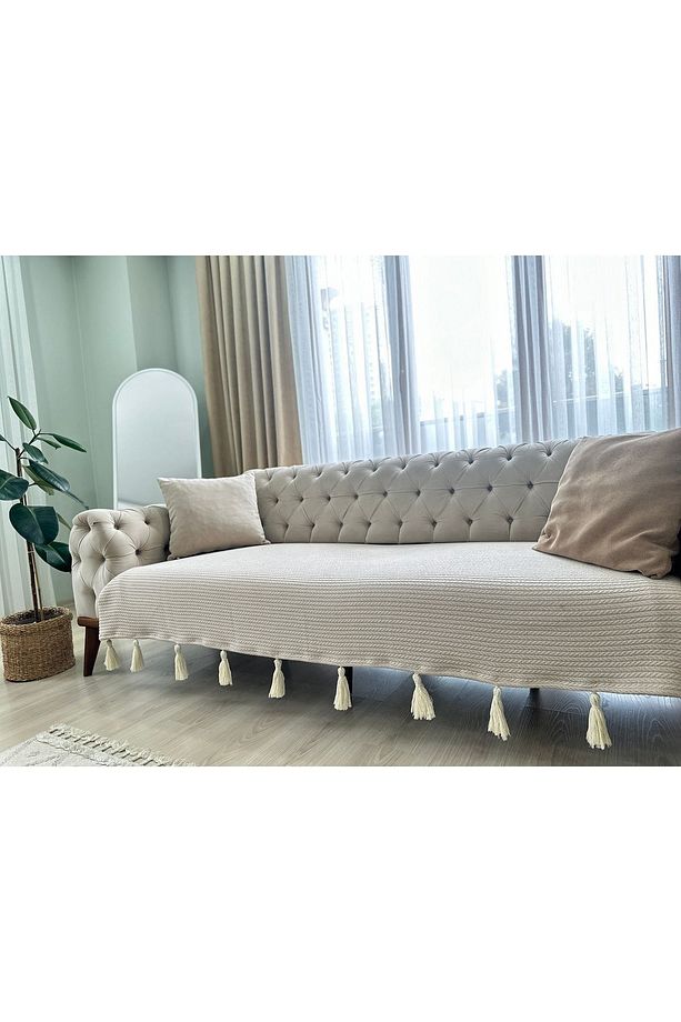 Püsküllü Örgü Desen Koltuk Örtüsü Bej (ÜÇLÜ KOLTUK IÇİN 1 ADET) 90x210 Cm - 1