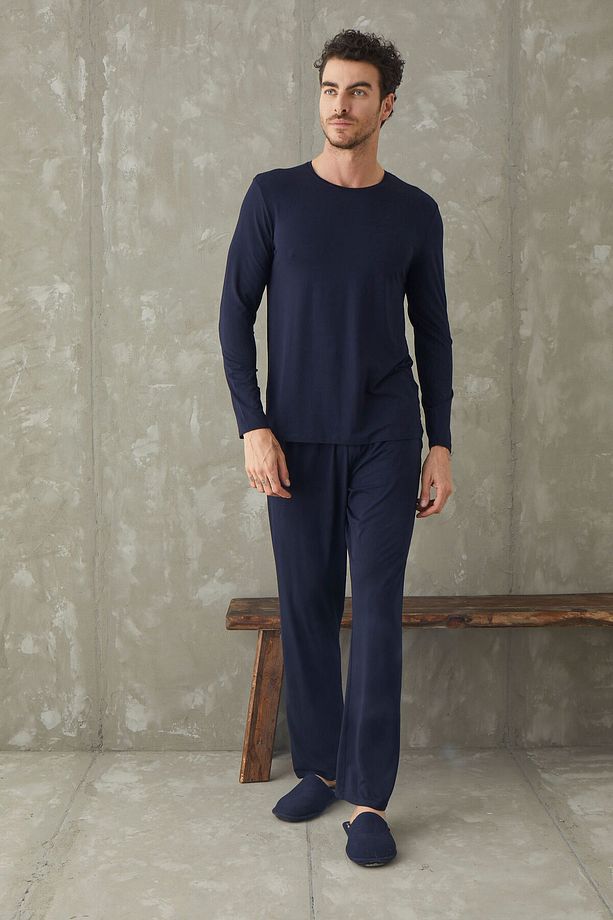 Erkek Micro Modal Bisiklet Yaka Pijama Takım - 1