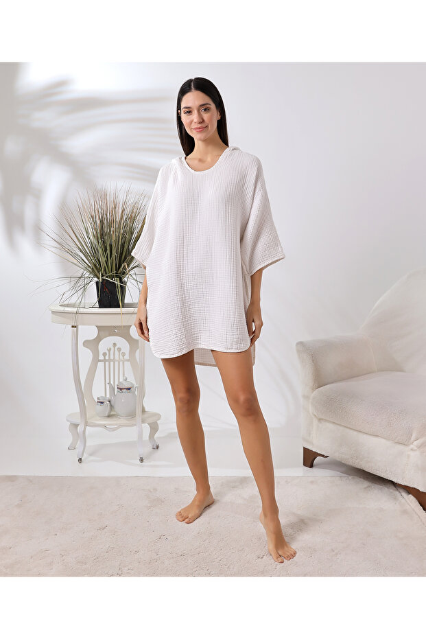White 4 Layer Muslin Hooded Adult Women's Poncho