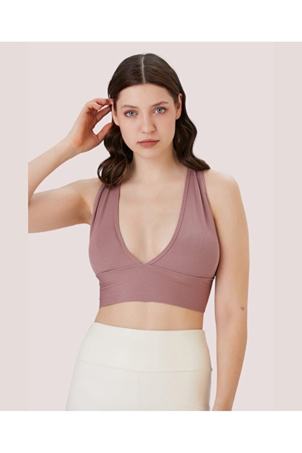Aurafit Ribbed Back Cross Deep Cut Padded Sports Bra/Bustier-9036