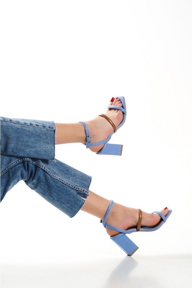 Mavi Denim Kahve Tek Bant Bilekten Bağlamalı Kadın Topuklu Ayakkabı - 5