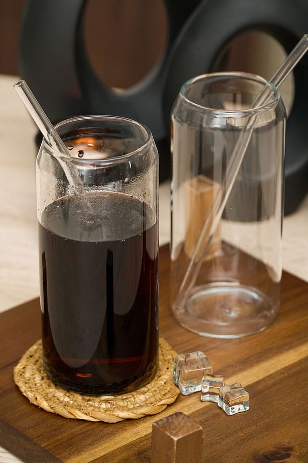 2'li 420 ml Pipetli Isıya Dayanıklı Cam Bardak - Kutu Kola Şekilli Kahve Sunum Bardağı - 1