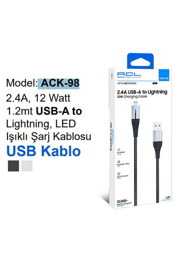 ACK-98 2.4A, 12 Watt 1.2mt USB-A to Lightning, LED Işıklı Şarj Kablosu - 2